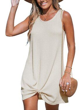 Womens Beige Polyester Coverup Waffle Knit Beach Bathing Suit Coverup Sleeveless